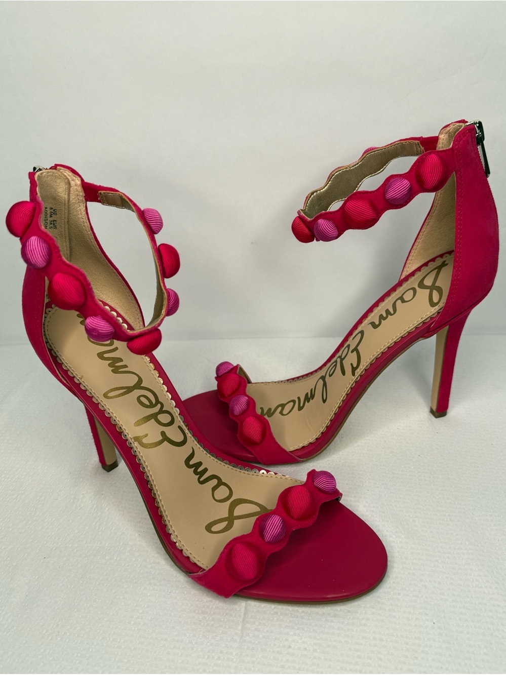 Sam Edelman Hot Pink Suede Ankle-Strap Stilettos with Pom-Poms